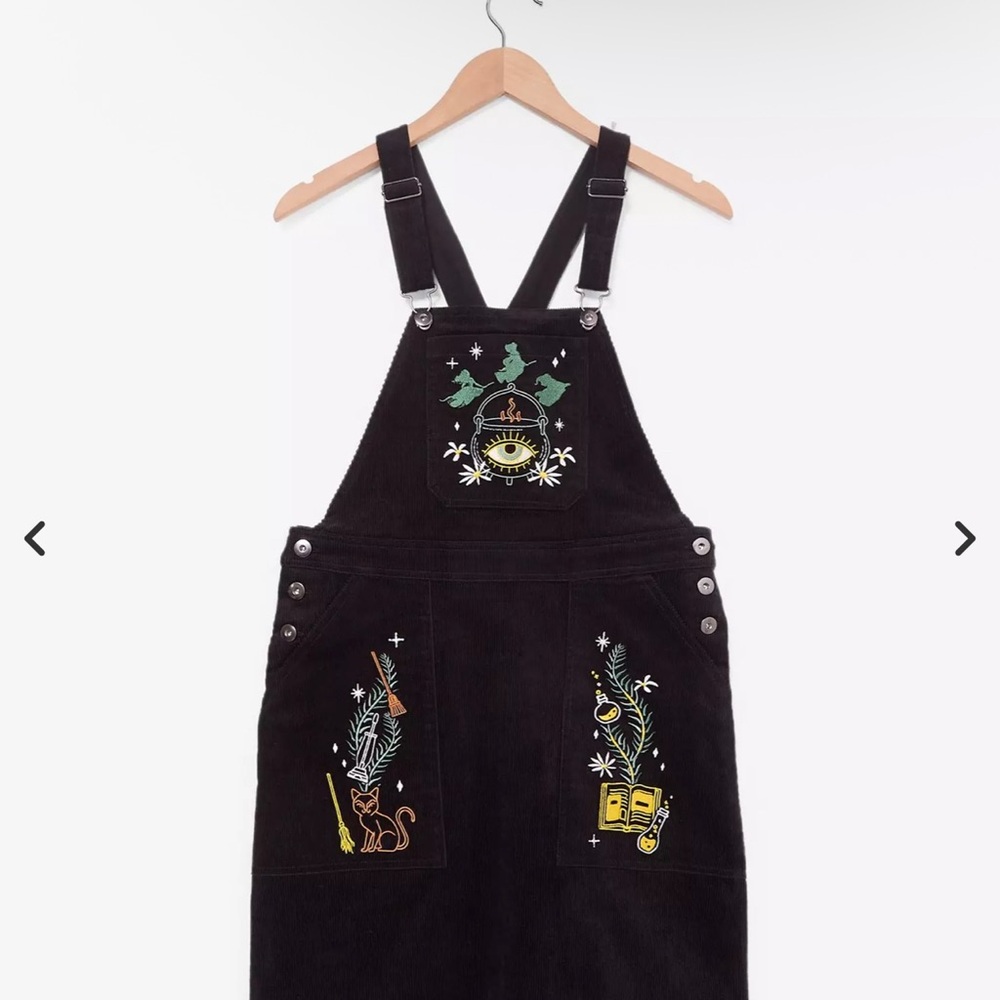 Hocus Pocus Embroidered Black Corduroy Overall Dress